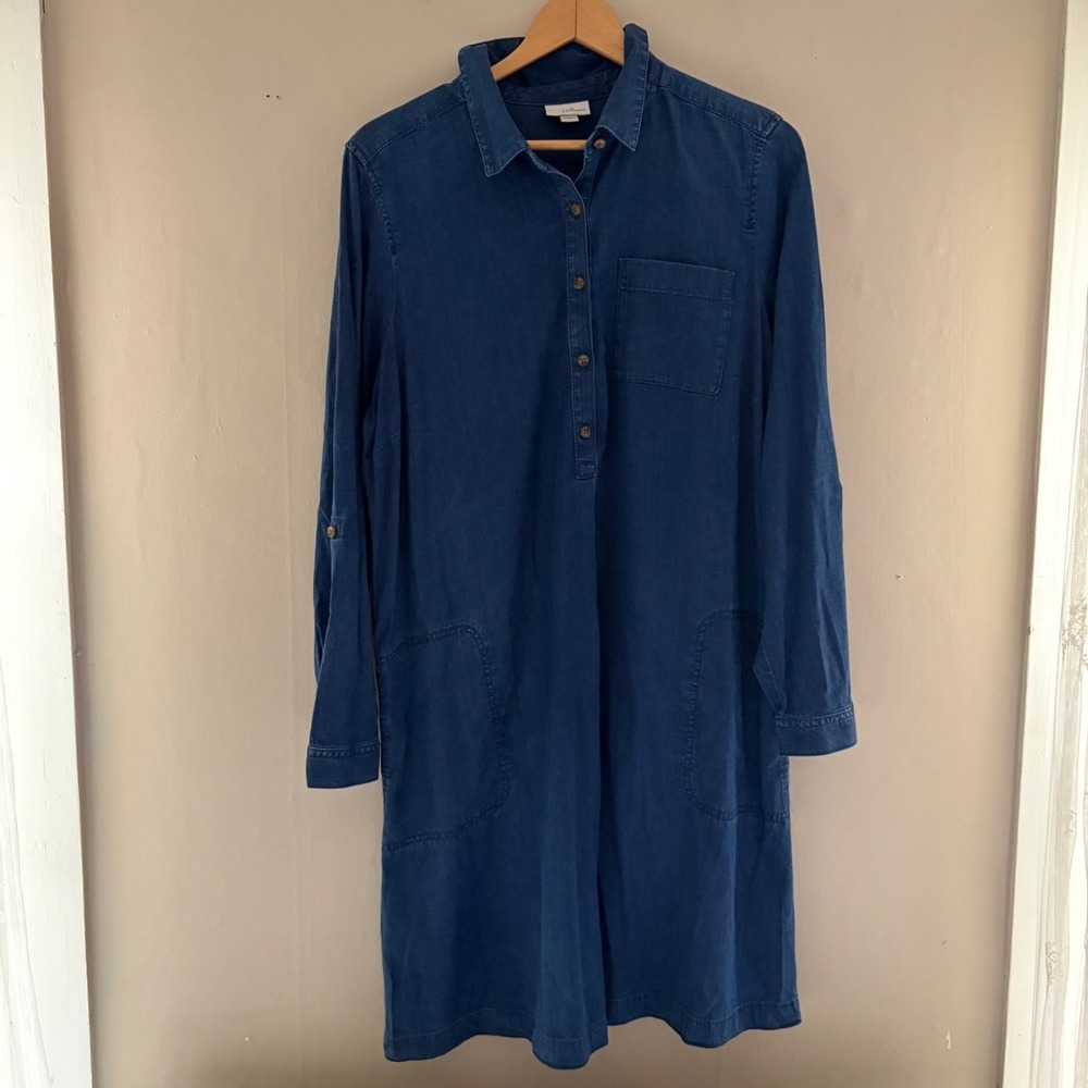 J Jill Denim Womens Midi Dress Size L Blue Country Cowgirl Pockets Cottagecore